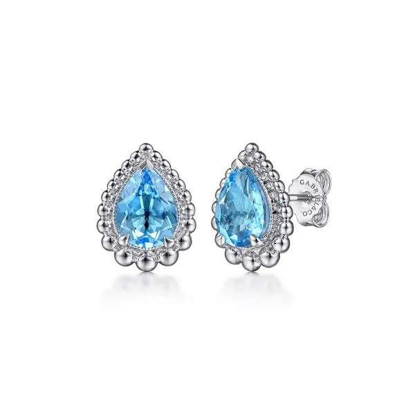 Sterling Silver Faceted Swiss Blue Topaz Pear Shape Bujukan Stud Earrings Gray's Jewelers Bespoke Saint James, NY