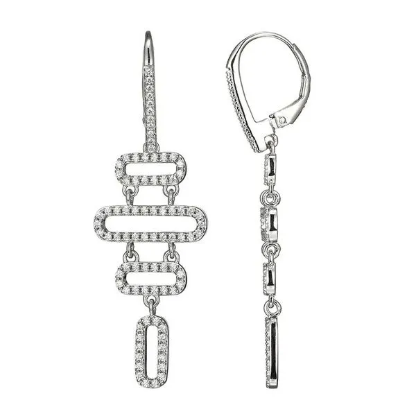 Sterling Silver Rhodium Plated Drop Earrings with Oblong Cubic Zirconia and Cubic Zirconia Lever Back Gray's Jewelers Bespoke Saint James, NY