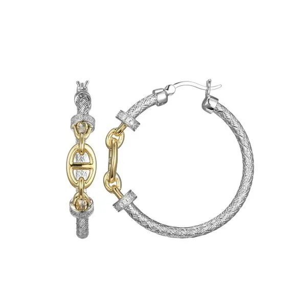 Sterling Silver and Gold Plated Classic Mesh Cubic Zirconia Marina Link Hoop Earrings Gray's Jewelers Bespoke Saint James, NY