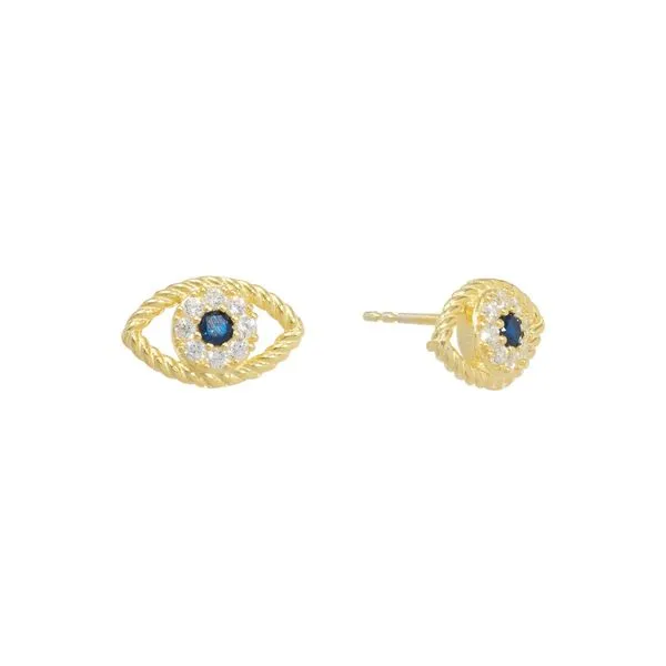 Sterling Silver Gold Plated Dark Blue and Cubic Zirconia Evil Eye Earrings Gray's Jewelers Bespoke Saint James, NY