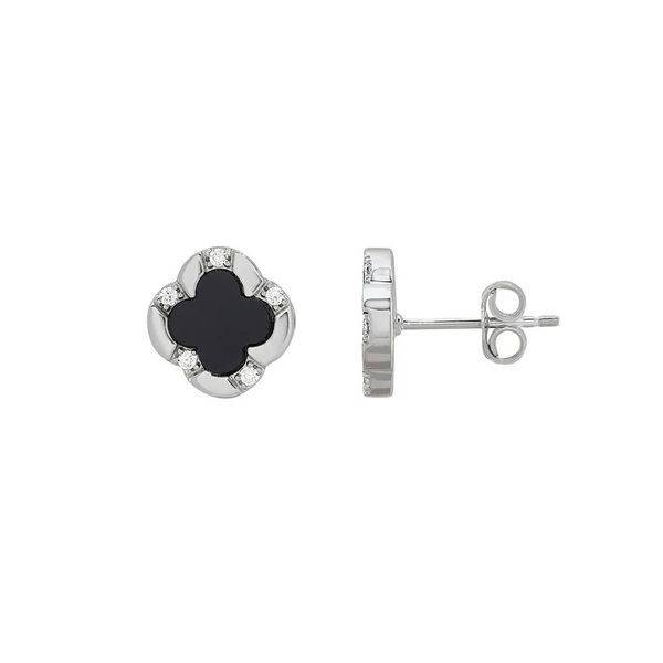 Sterling Silver Rhodium Plated Black Agate And Cubic Zirconia Clover Earrings Gray's Jewelers Bespoke Saint James, NY