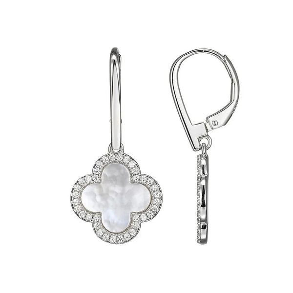 Sterling Silver Rhodium Plated Mother of Pearl and Cubic Zirconia Clover Earrings Gray's Jewelers Bespoke Saint James, NY