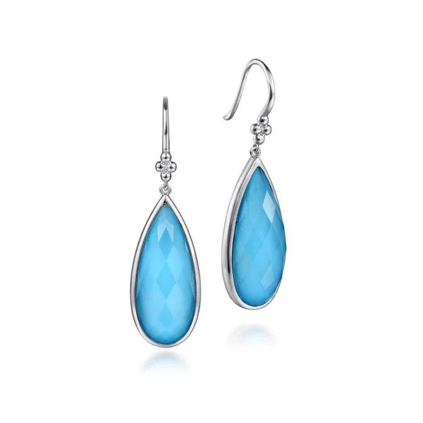 Sterling Silver Faceted Rock Crystal and Turquoise Fish Wire Teardrop Earrings Gray's Jewelers Bespoke Saint James, NY