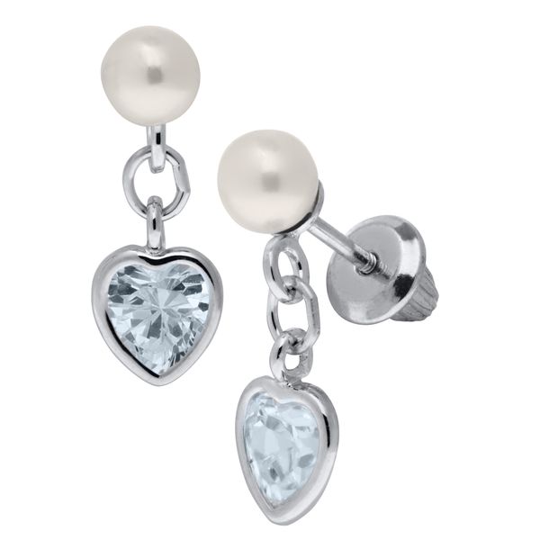 Sterling Silver Pearl with Cubic Zirconia Dangle Heart Earrings Image 2 Gray's Jewelers Bespoke Saint James, NY