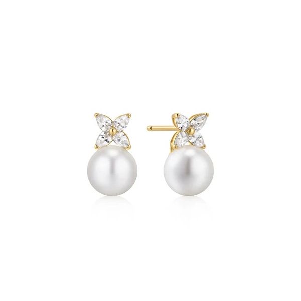 Sterling Silver Gold Plated Shell Pearl & Lucky Clover Stud Earrings Gray's Jewelers Bespoke Saint James, NY