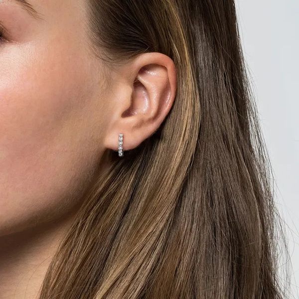 Sterling Silver White Sapphire Bujukan Huggie Earrings Image 2 Gray's Jewelers Bespoke Saint James, NY