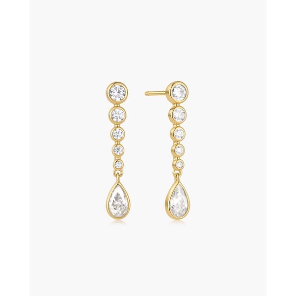 Gold Graduated Bezel Round & Teardrop Dangle Stud Earrings Gray's Jewelers Bespoke Saint James, NY