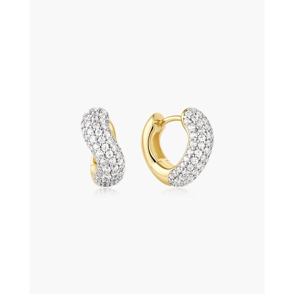 Gold Chunky Pavé Wave Huggie Hoop Earrings Gray's Jewelers Bespoke Saint James, NY