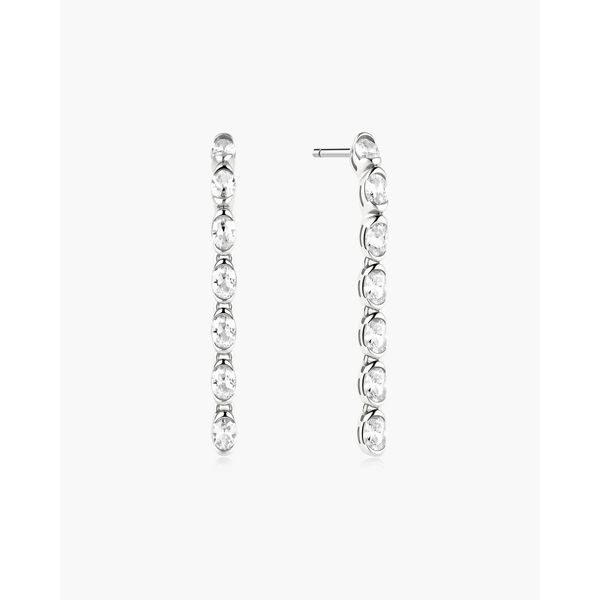 Silver Half-Bezel Oval Linear Dangle Stud Earrings Gray's Jewelers Bespoke Saint James, NY