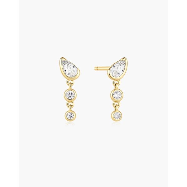 Gold Teardrop & Bezel Round Dangle Stud Earrings Gray's Jewelers Bespoke Saint James, NY