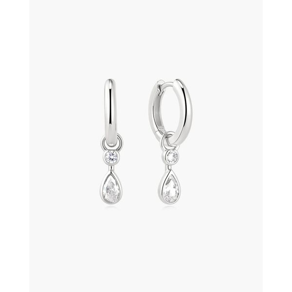 Silver Dangling Bezel Teardrop Huggie Hoop Earrings Gray's Jewelers Bespoke Saint James, NY