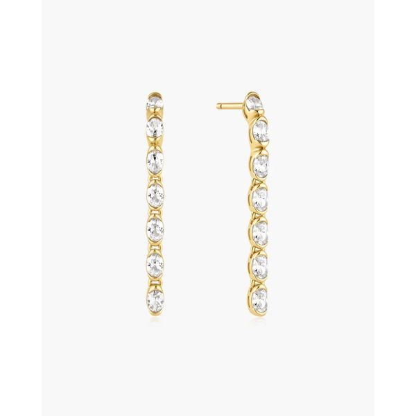 Gold Half-Bezel Oval Linear Dangle Stud Earrings Gray's Jewelers Bespoke Saint James, NY
