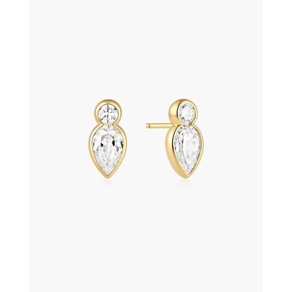 Gold Bezel Inverted Teardrop & Round Stud Earrings Gray's Jewelers Bespoke Saint James, NY