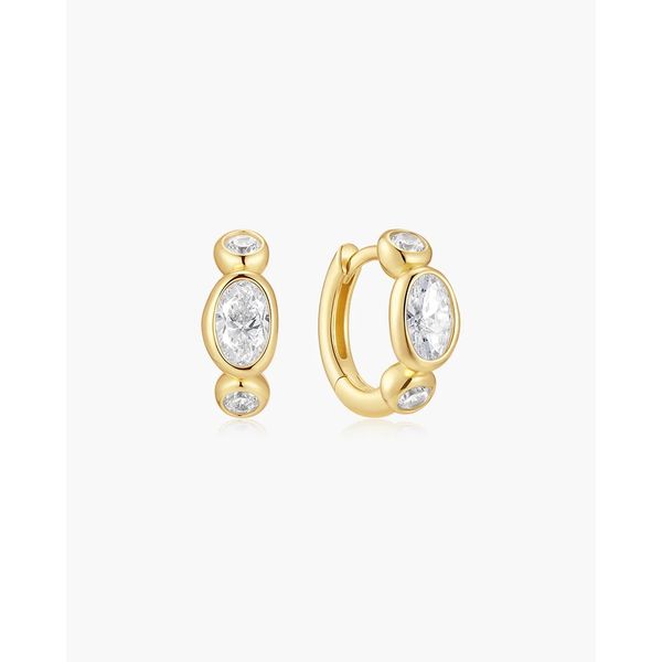 Gold Bezel Organic Pebble & Round Huggie Hoop Earrings Gray's Jewelers Bespoke Saint James, NY