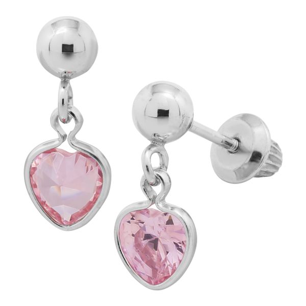 Children's Sterling Silver Dangling Pink Cubic Zirconia Heart Screw Back Earrings Gray's Jewelers Bespoke Saint James, NY