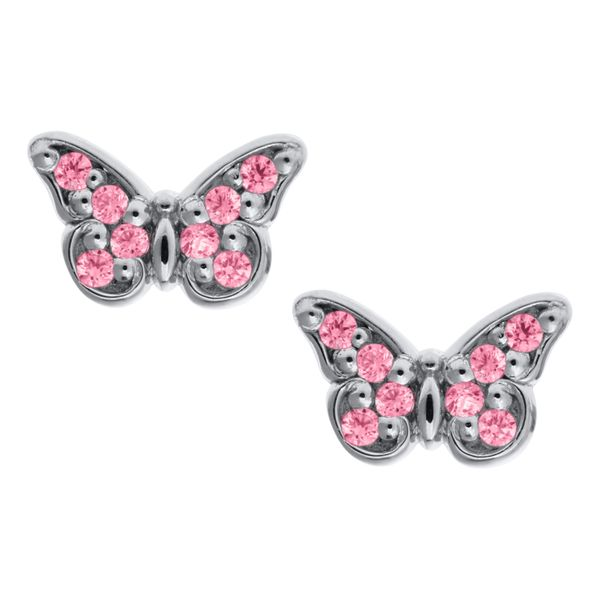 Childrens Sterling Silver Butterfly Pink Cubic Zirconia Earrings Image 2 Gray's Jewelers Bespoke Saint James, NY