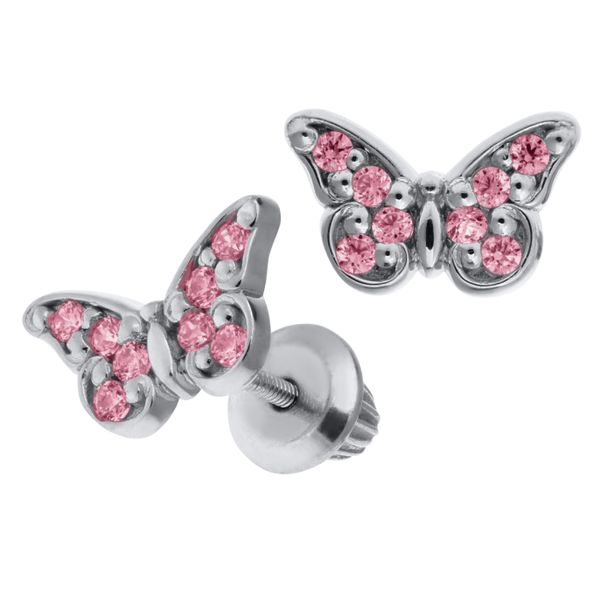 Childrens Sterling Silver Butterfly Pink Cubic Zirconia Earrings Gray's Jewelers Bespoke Saint James, NY