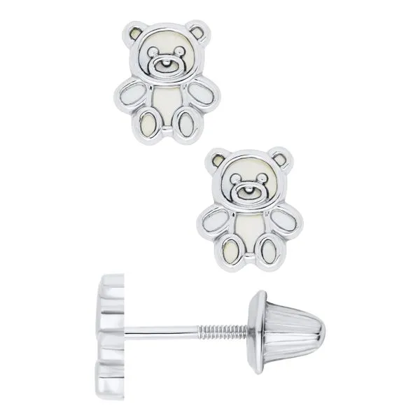 Childrens Sterling Silver Mother of Pearl Teddy Bear Earrings Gray's Jewelers Bespoke Saint James, NY