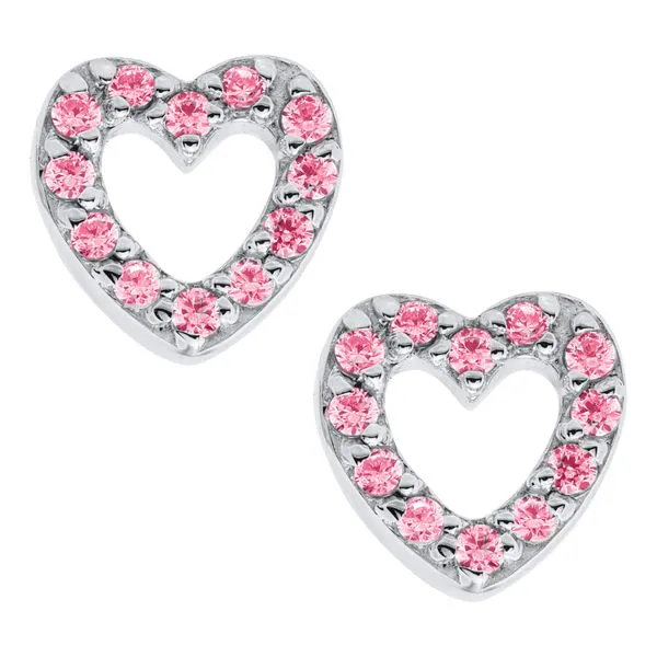 Children's Sterling Silveer Open Heart Screw Back Earrings with Pink Cubic Zirconia Gray's Jewelers Bespoke Saint James, NY