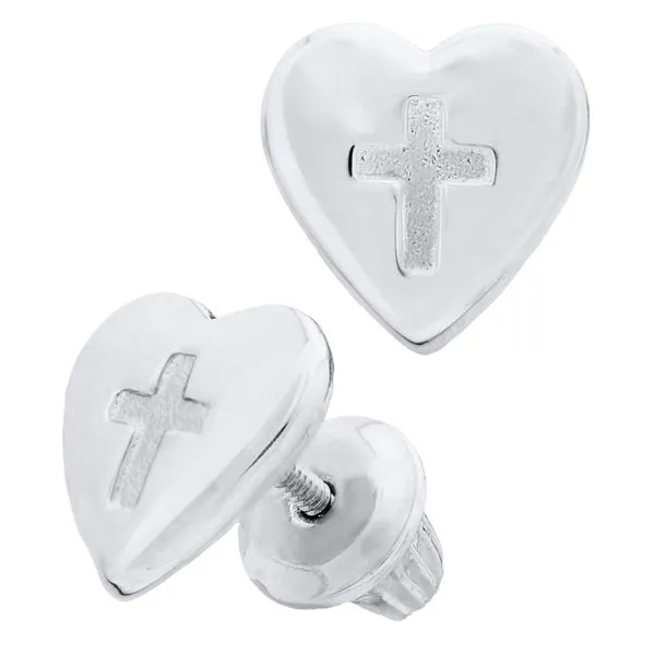 Childrens Sterling Silver Heart Earrings with Cross Image 2 Gray's Jewelers Bespoke Saint James, NY