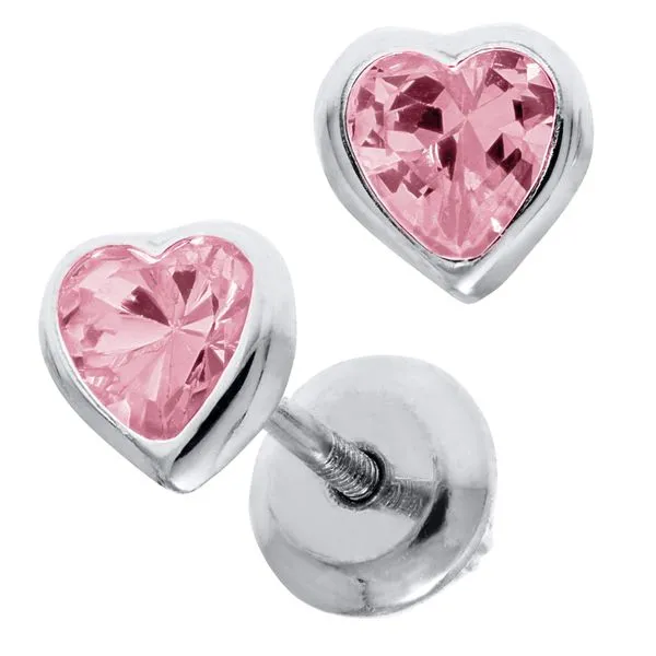 Childrens Sterling Silver Pink Cubic Zirconia Heart Earrings Image 2 Gray's Jewelers Bespoke Saint James, NY