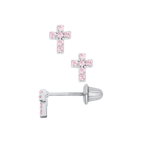 Childrens Sterling Silver Pink Cubic Zirconia Cross Earrings Image 3 Gray's Jewelers Bespoke Saint James, NY