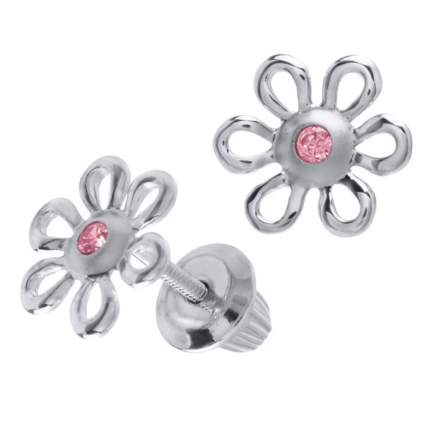 Childrens Sterling Silver Flower Earring with Pink Cubic Zirconia Gray's Jewelers Bespoke Saint James, NY