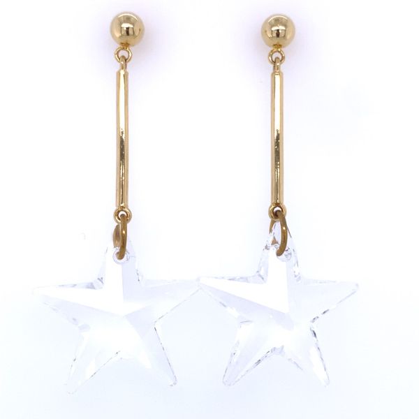 High Polish Gold Tone Long Dangle Earring With 27mm Clear Star Drop Gray's Jewelers Bespoke Saint James, NY
