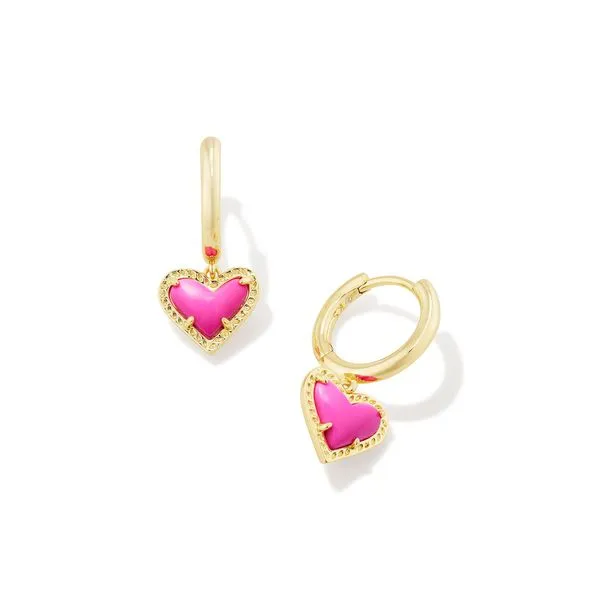 Ari Heart Huggie Earrings Gold Neon Pink Magnesite Gray's Jewelers Bespoke Saint James, NY