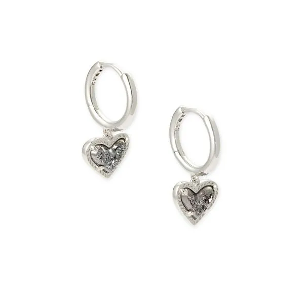 Ari Heart Huggie Earrings Rhodium Platinum Drusy Gray's Jewelers Bespoke Saint James, NY