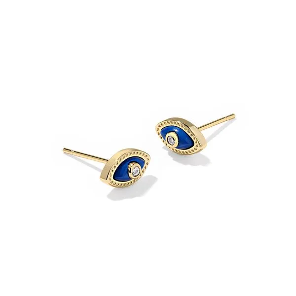 Mini Eye Stud Earrings Gold Dark Blue Magnesite Gray's Jewelers Bespoke Saint James, NY