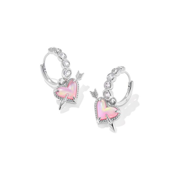 Ari Heart Arrow Huggie Earrings Silver Pink Opalescent Resin Gray's Jewelers Bespoke Saint James, NY