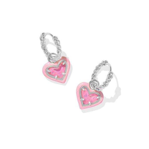 Ari Heart Enamel Frame Huggie Earrings Silver Pink Iridescent Glitter Glass Gray's Jewelers Bespoke Saint James, NY