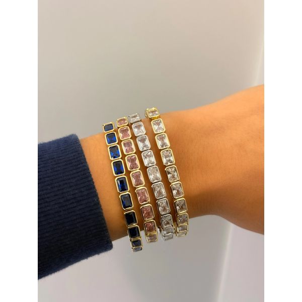 18K Yellow Gold Plated Classic Glow Stretchy Bracelet - Pink Cubic Zirconia Image 2 Gray's Jewelers Bespoke Saint James, NY