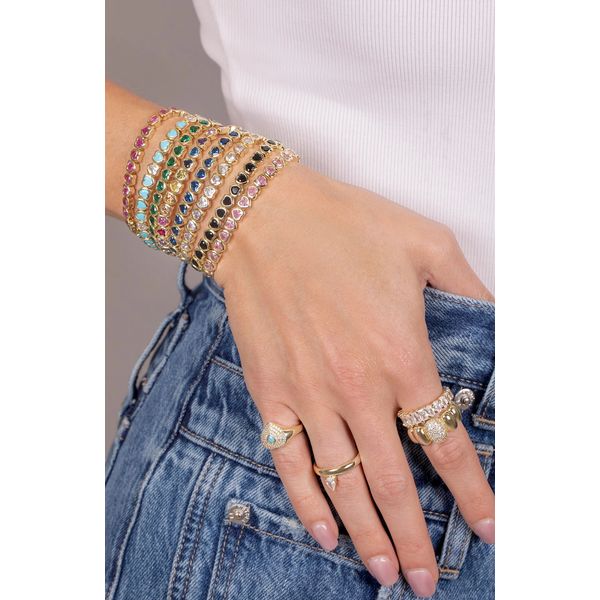 18K Yellow Gold Plated Mini Deep Blue Stretchy Bezel Heart Bracelet Image 2 Gray's Jewelers Bespoke Saint James, NY
