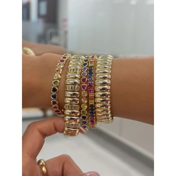 18K Yellow Gold Plated Luxe Tube Cubic Zirconia Baguette Stretchy Bracelet Image 2 Gray's Jewelers Bespoke Saint James, NY