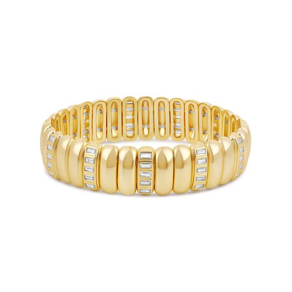 18K Yellow Gold Plated Luxe Tube Cubic Zirconia Baguette Stretchy Bracelet Gray's Jewelers Bespoke Saint James, NY