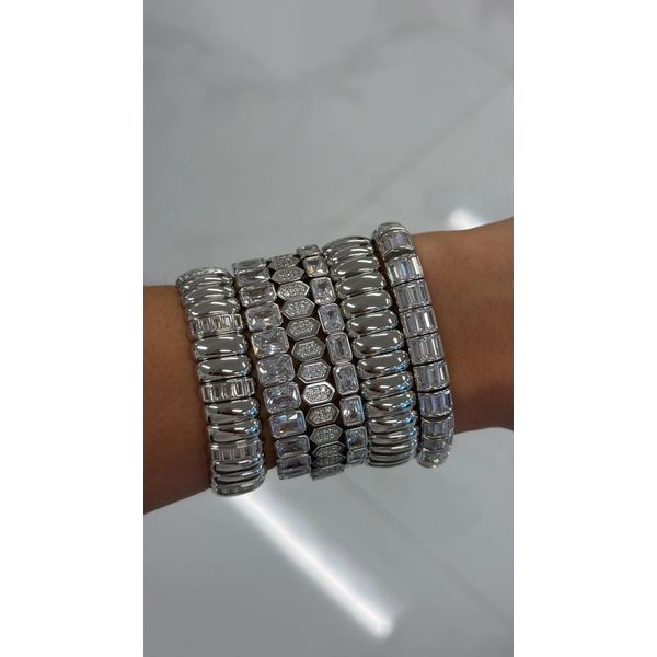 18K White Gold Plated Luxe Tube Cubic Zirconia Baguette Stretchy Bracelet Image 2 Gray's Jewelers Bespoke Saint James, NY