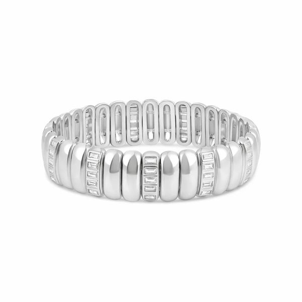 18K White Gold Plated Luxe Tube Cubic Zirconia Baguette Stretchy Bracelet Gray's Jewelers Bespoke Saint James, NY