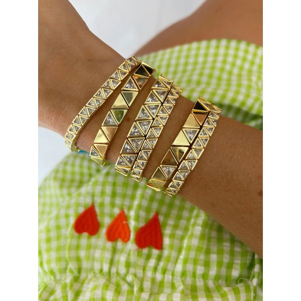 18K Yellow Gold Plated Mini Cubic Zirconia Triangle Stretchy Bracelet Image 2 Gray's Jewelers Bespoke Saint James, NY