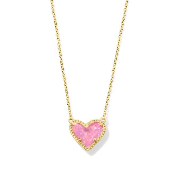 Ari Heart Pendant Necklace Gold Pink Iridescent Glitter Glass Gray's Jewelers Bespoke Saint James, NY