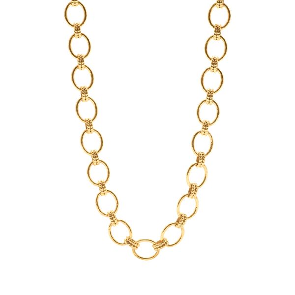 18KY Yellow Gold Plated Brass Cleopatra Grande Hammered Link Necklace Gray's Jewelers Bespoke Saint James, NY