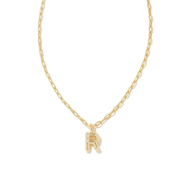 Crystal Letter R Short Pendant Necklace Gold White Cubic Zicronia Gray's Jewelers Bespoke Saint James, NY