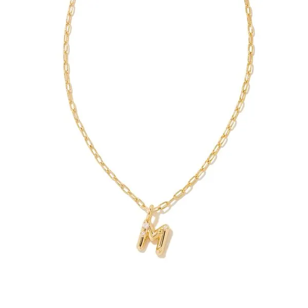 Crystal Letter M Short Pendant Necklace Gold White Cubic Zirconia Gray's Jewelers Bespoke Saint James, NY