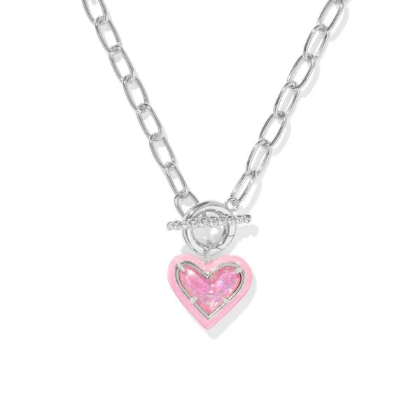 Ari Heart Enamel Frame Link And Chain Necklace Silver Pink Iridescent Glitter Glass Gray's Jewelers Bespoke Saint James, NY