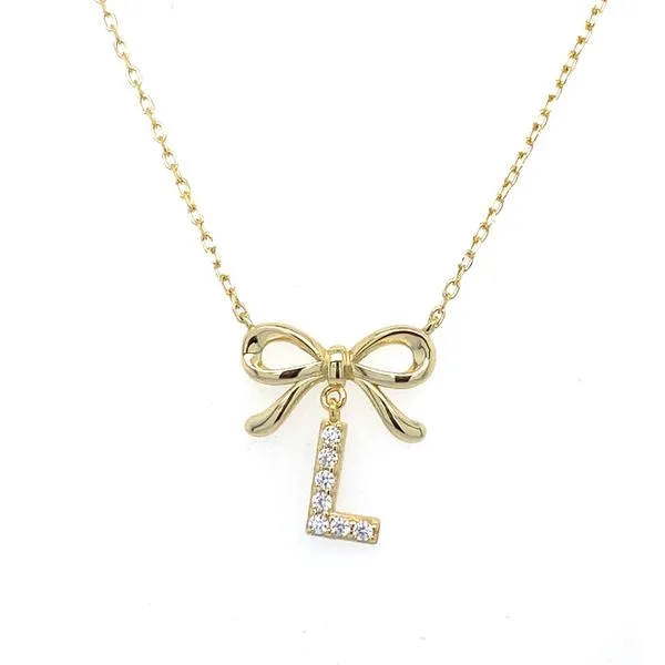 Gold Plated Bow with Cubic Zirconia Initial L Necklace Gray's Jewelers Bespoke Saint James, NY