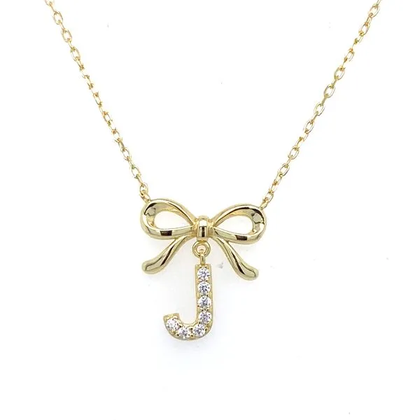 Gold Plated Bow with Cubic Zirconia Initial J Necklace Gray's Jewelers Bespoke Saint James, NY