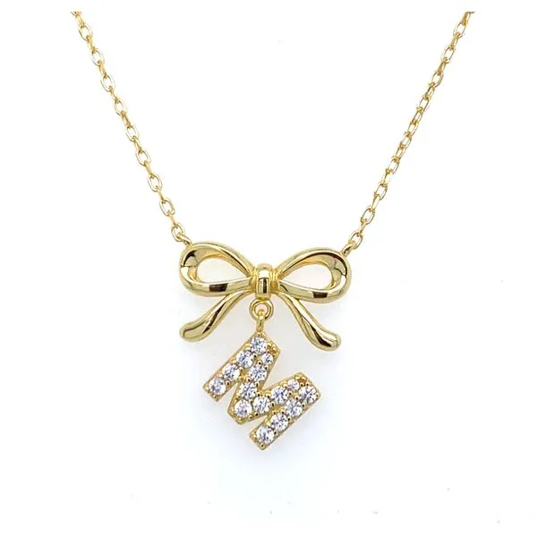 Gold Plated Bow with Cubic Zirconia Initial M Necklace Gray's Jewelers Bespoke Saint James, NY