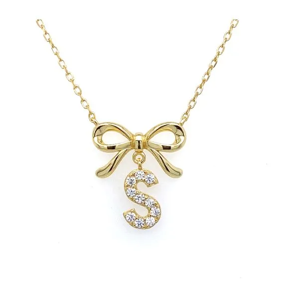 Gold Plated Bow with Cubic Zirconia Initial S Necklace Gray's Jewelers Bespoke Saint James, NY