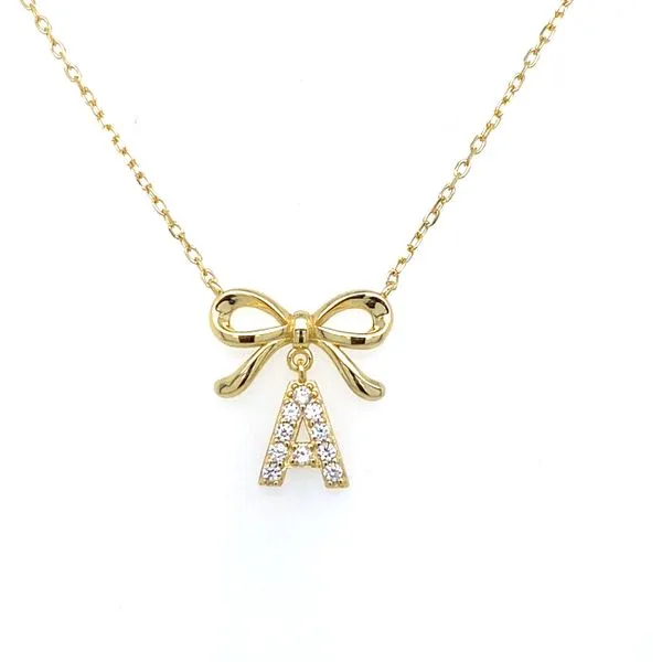 Gold Plated Bow with Cubic Zirconia Initial A Necklace Gray's Jewelers Bespoke Saint James, NY